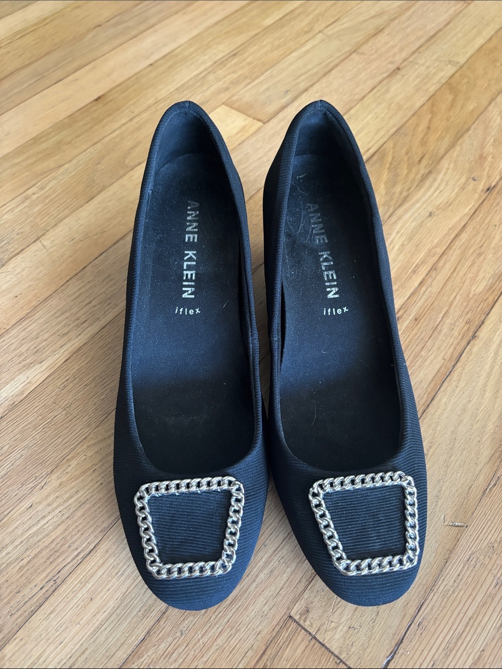 Anne Klein Black Wedges with Silver Chain Square Accent